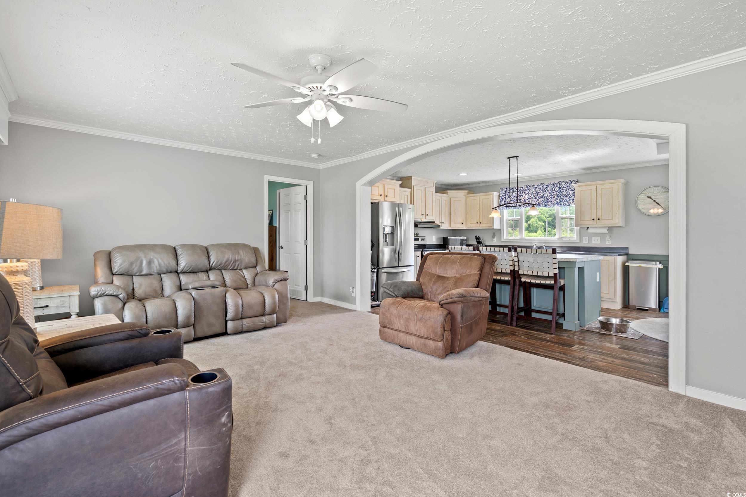 399 Calico Road Loris, SC 29569 - Photo 3 of 30 Living area featuring dark carpet, arched walkways, a ceiling fan, ornamental molding, and a textured ceiling
