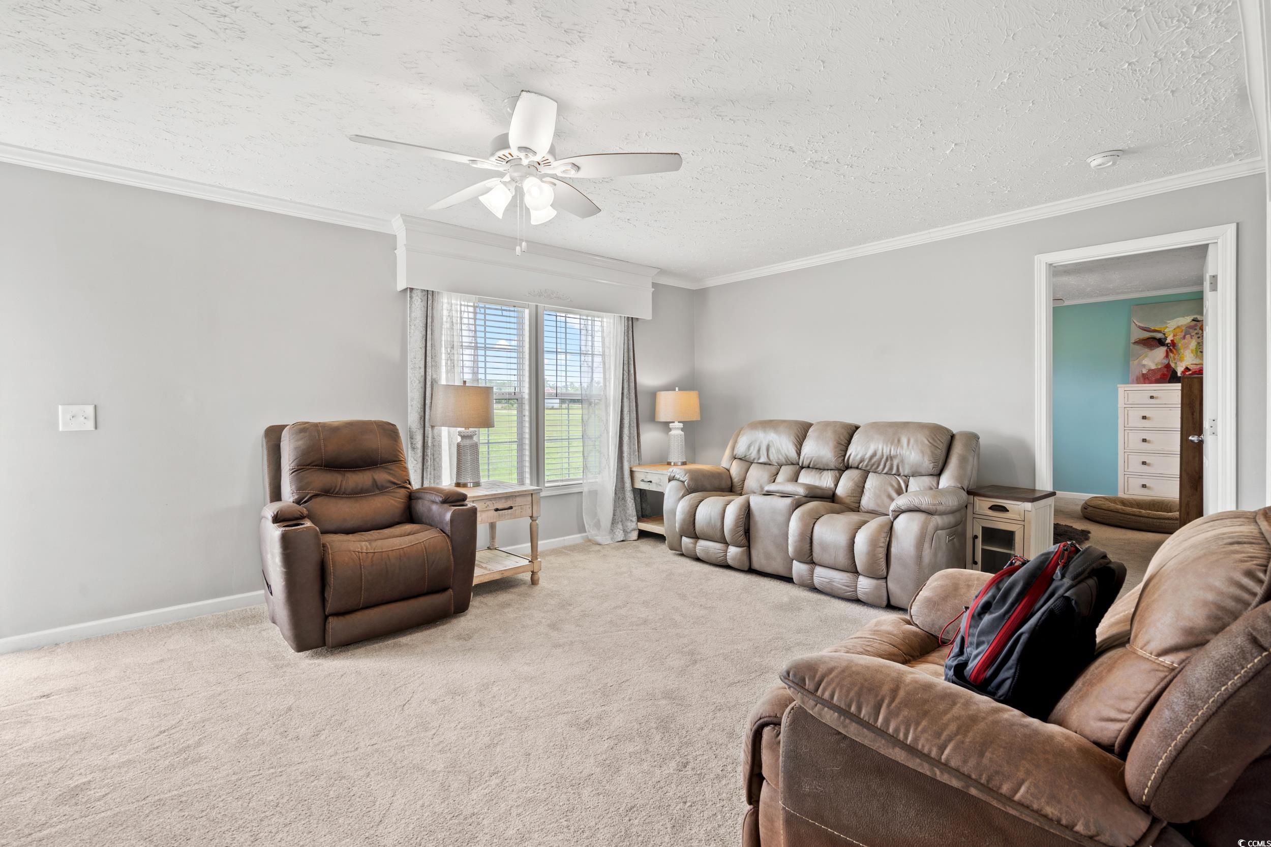 399 Calico Road Loris, SC 29569 - Photo 5 of 30 Living area featuring ceiling fan, a textured ceiling, carpet flooring, and ornamental molding