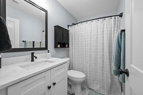 a bathroom with a sink a toilet a mirror and shower curtain