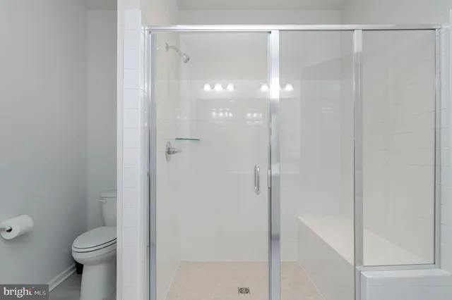 a bathroom with a shower and a toilet