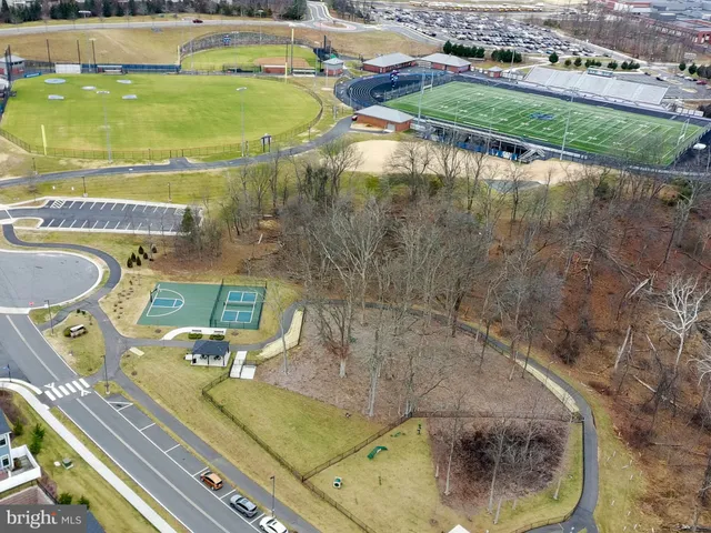 an aerial view of a swimming pool