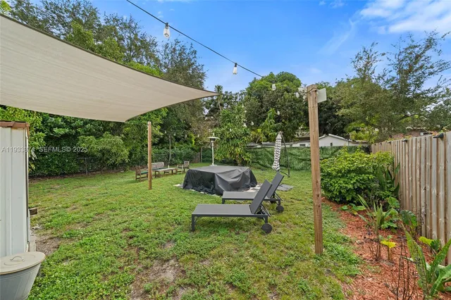 a garden view with a seating space