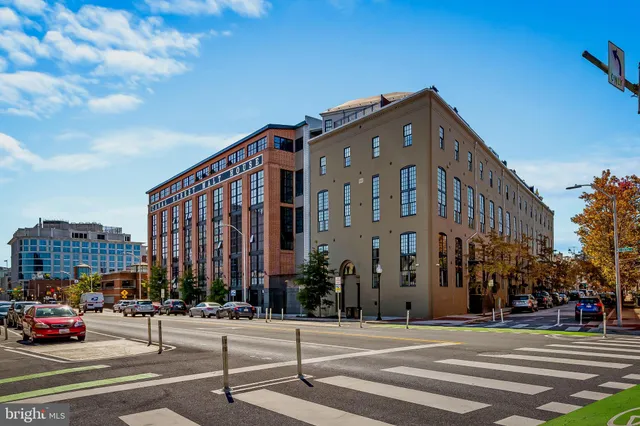 a view of a building with a large windows