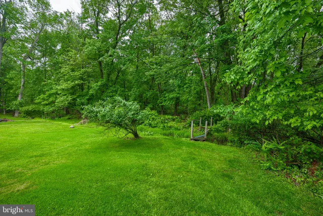 a view of a brick house with a yard plants and large trees