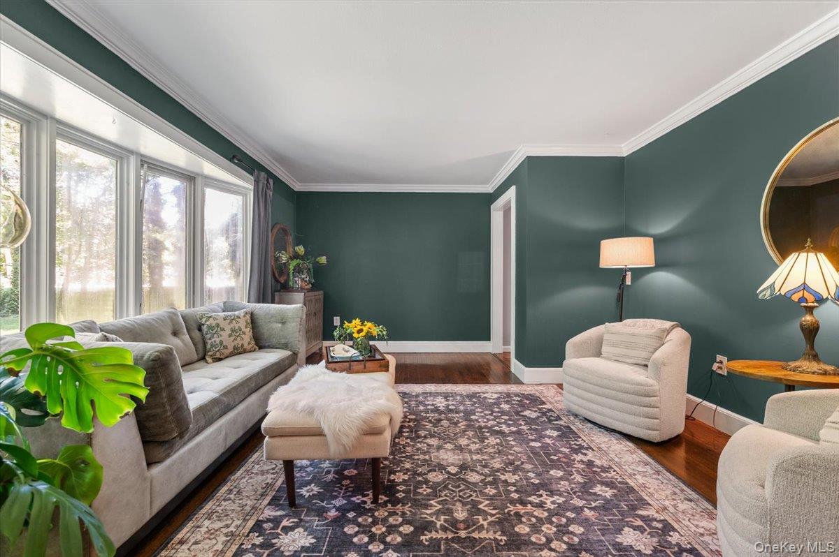 10 Rancher Place Huntington, NY 11743 - Photo 8 of 44 Living space featuring rich wall coloring, dark wood-finish flooring, white crown molding, and a large bay window
