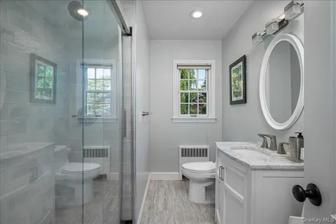 a bathroom with a toilet a sink a mirror a bathtub and window