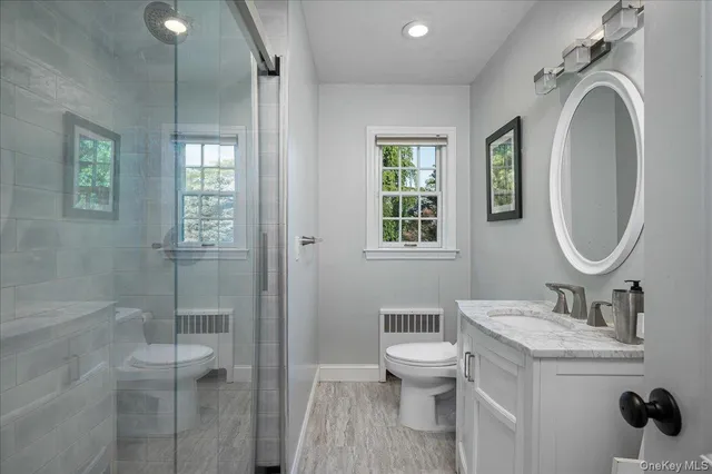 a bathroom with a toilet a sink a mirror a bathtub and window