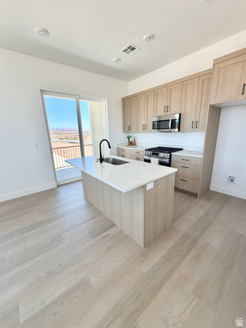 915 West Gold Ridge Ln Street St. George, UT 84790 - Photo 2 of 30 Modern kitchen featuring light wood-finish cabinetry, stainless steel appliances, and a central island with a sink and white countertop
