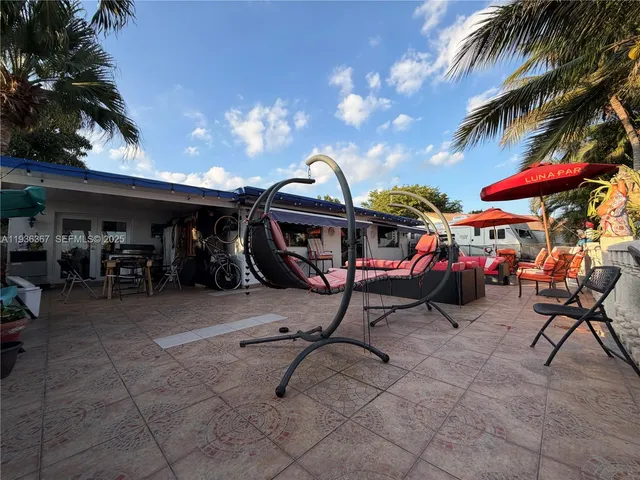 a view of a chairs and tables in a back yard of the building