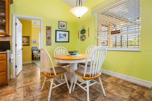 a dining room with furniture and window