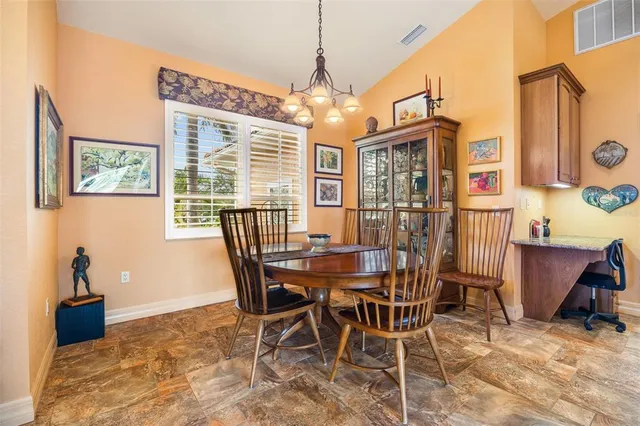 a view of a dining room with furniture window and outside view