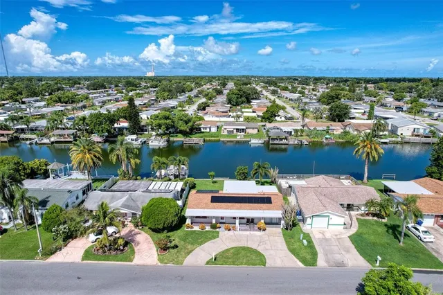 a view of a city with lawn chairs