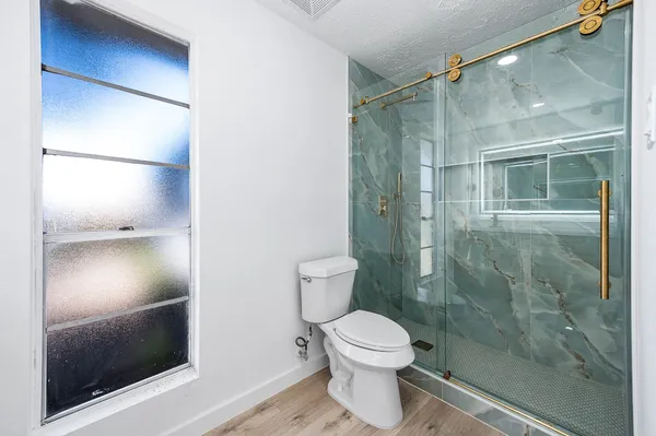 a bathroom with a shower and a toilet