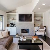 a living room with furniture a rug and a fireplace