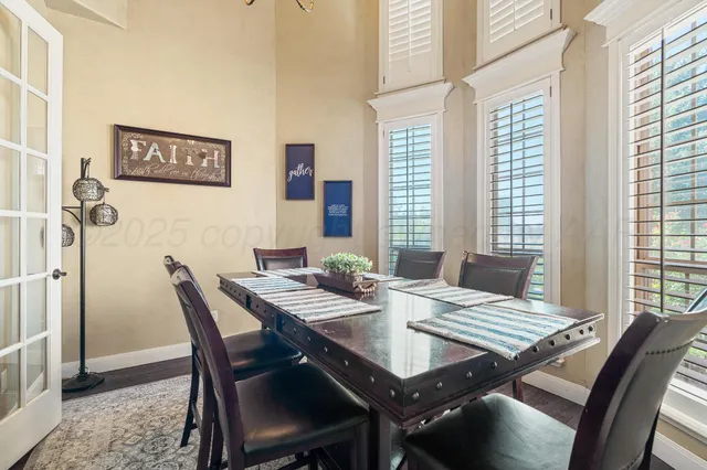a view of a dining room with furniture