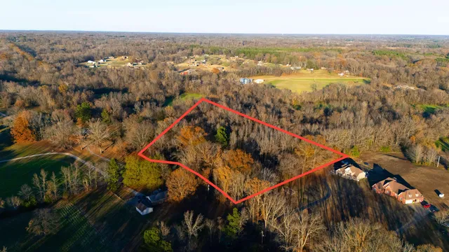 an aerial view of residential houses with outdoor space and trees