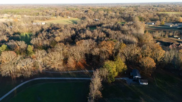 an aerial view of residential houses with outdoor space and trees