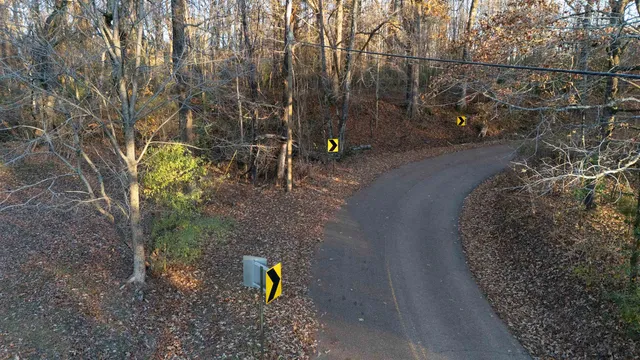 a view of a road with trees in the background