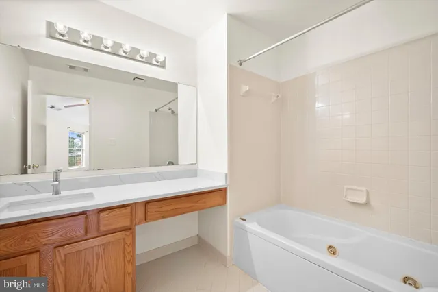 a bathroom with a bathtub a sink and a mirror