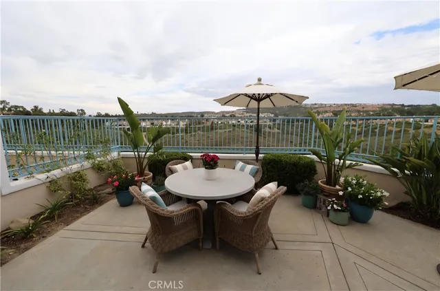a roof deck with table and chairs and potted plants