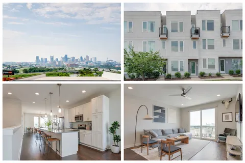 a front view of a building with garage