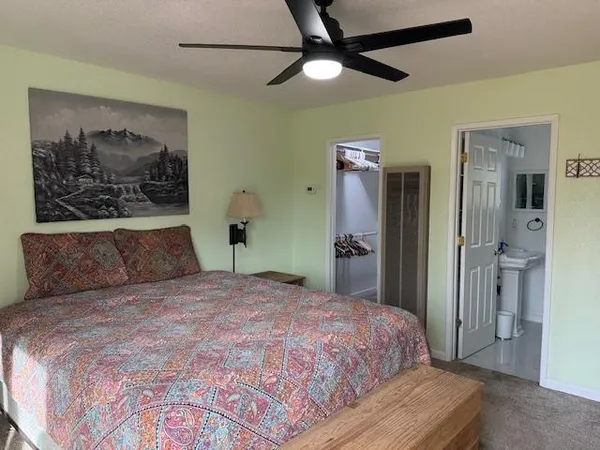 a bedroom with a large bed a chandelier and closet