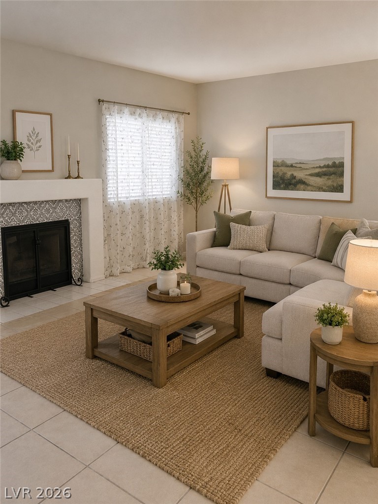 346 Seine Way Henderson, NV 89014 - Photo 4 of 24 A welcoming living area with a fireplace offers abundant natural illumination through a well-dressed window.