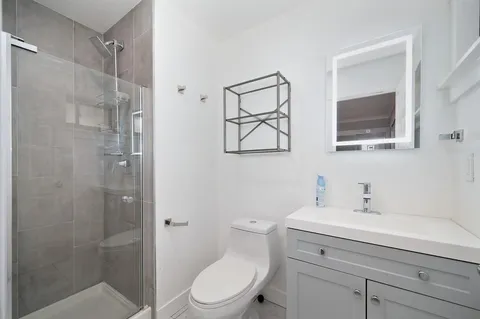 a bathroom with a sink a mirror a toilet and shower