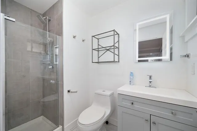 a bathroom with a sink a mirror a toilet and shower