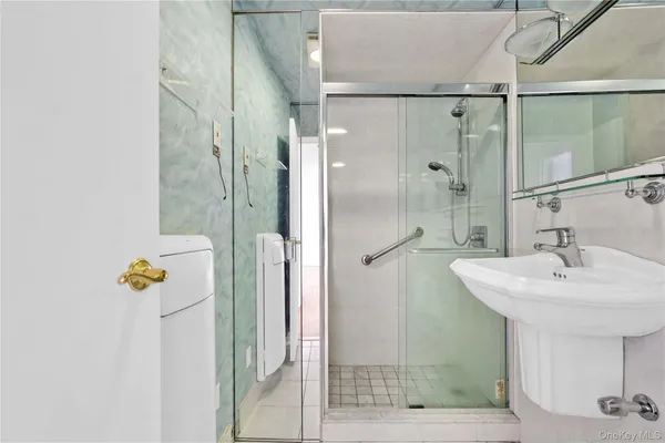 a bathroom with a shower and sink