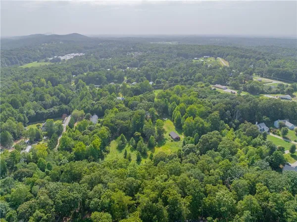 an aerial view of houses covered in trees