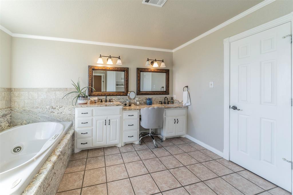20175 Willow Glade Circle Pilot Point, TX 76258 - Photo 14 of 32 Bathroom featuring tile patterned floors, vanity, and ornamental molding