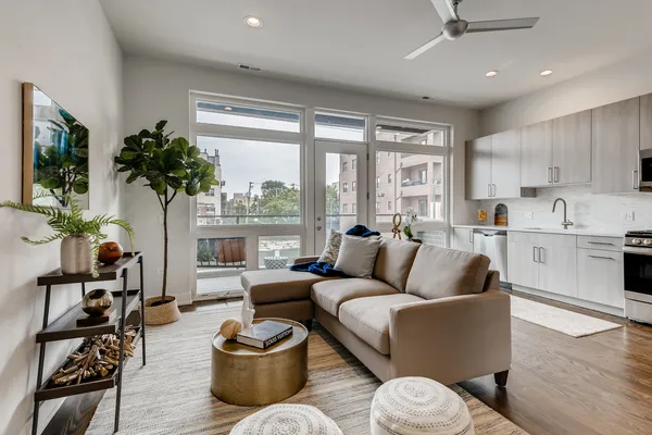 a living room with furniture potted plant and a large window
