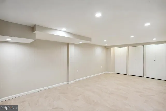 a view of a yard with plants and large trees