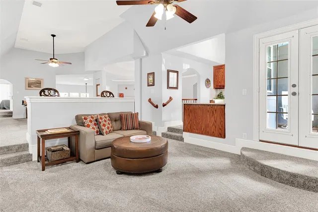 a view of balcony with wooden floor