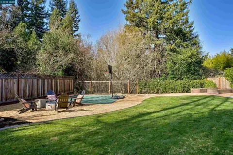 a view of back yard with swimming pool and green space