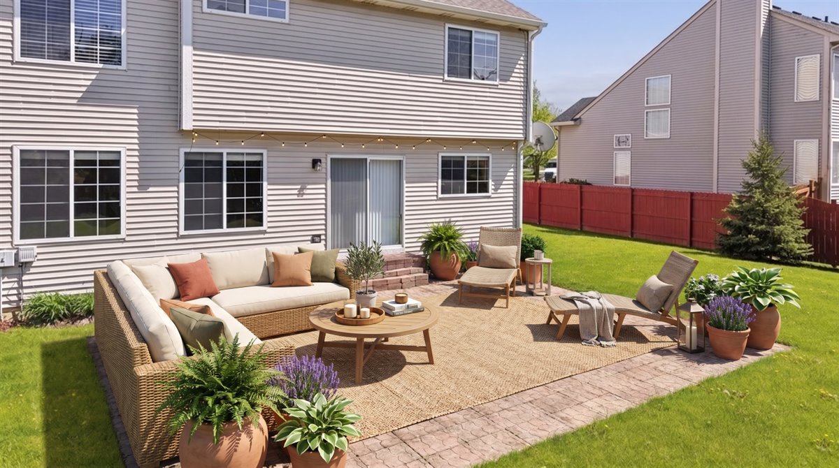 1480 Tudor Drive Mundelein, IL 60060 - Photo 25 of 29 a view of a patio with table and chairs potted plants and a fire pit