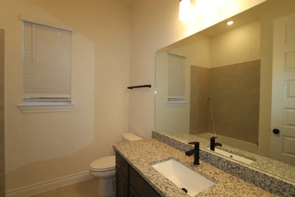 a bathroom with a granite countertop sink toilet and shower