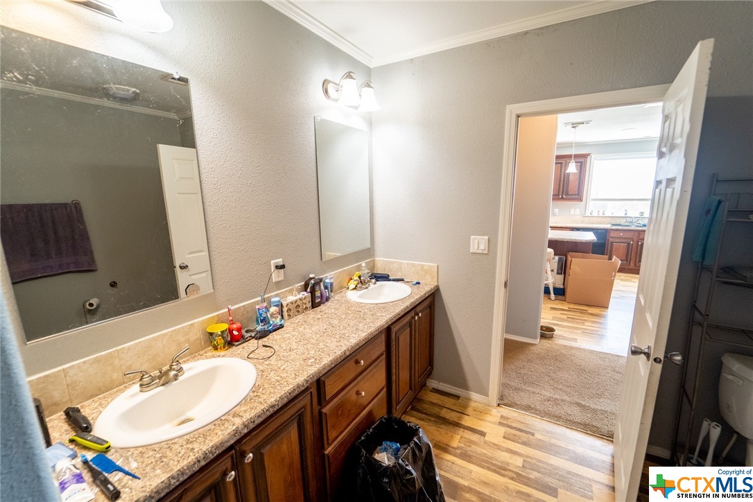 443 Joe Pokluda Road Nordheim, TX 78141 - Photo 22 of 26 a en suite bathroom with a double vanity sink and a mirror