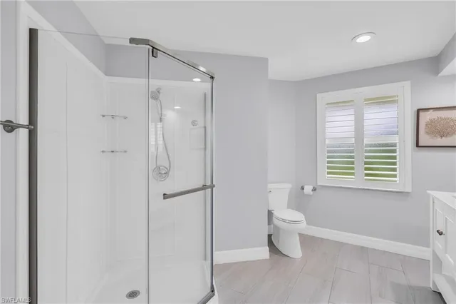 a bathroom with a shower a toilet and a window