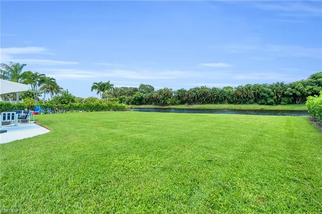a view of a garden with a building in the background