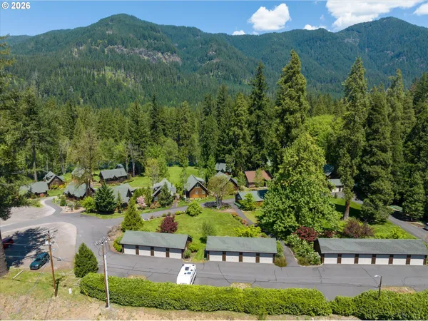 an aerial view of a house with a garden