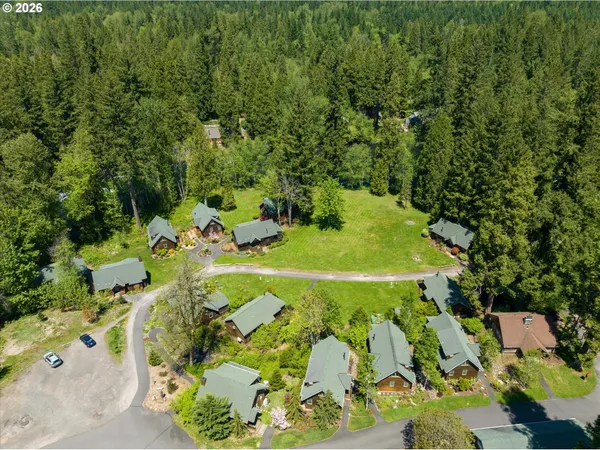 an aerial view of a swimming pool with a yard