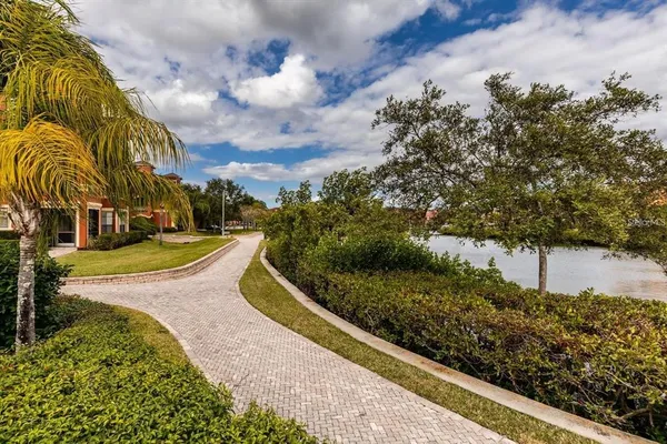 a view of a garden with a lounge chair