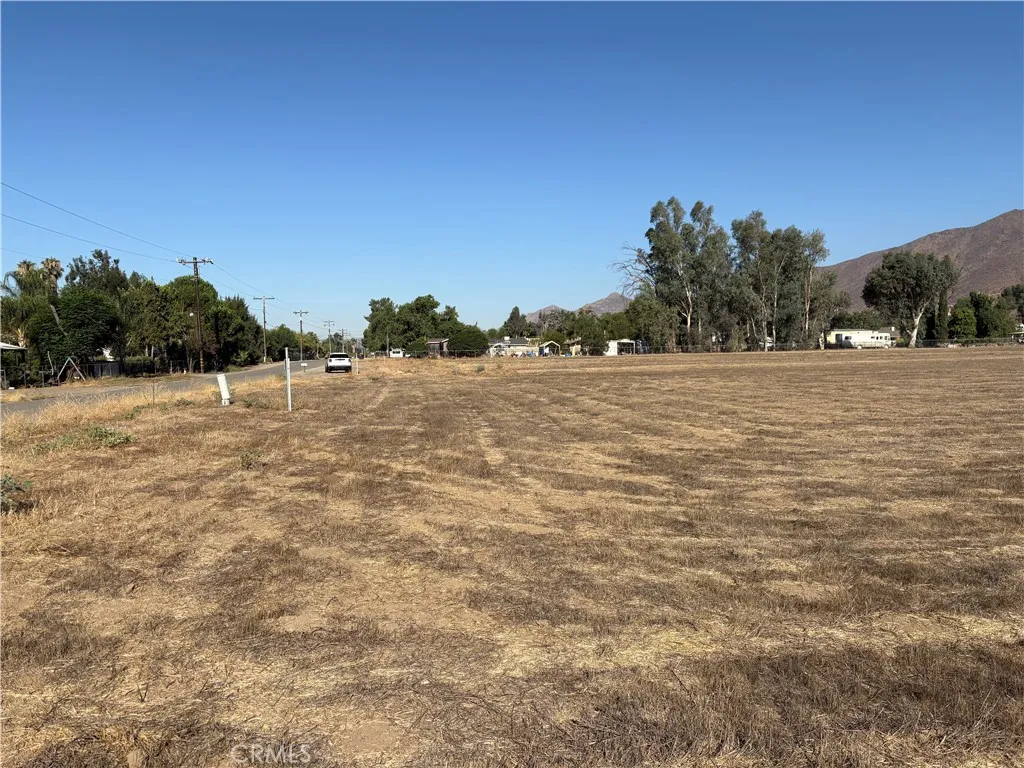 a view of empty field with trees in background