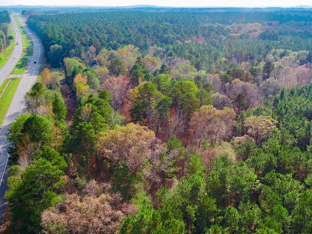 an aerial view of residential house with outdoor space and trees all around