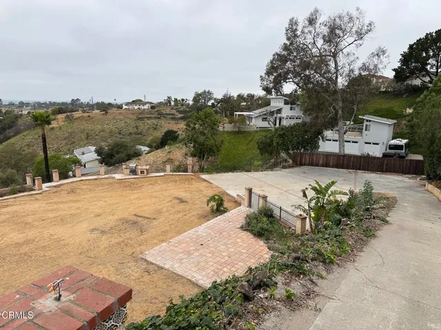 a view of a dry yard with trees