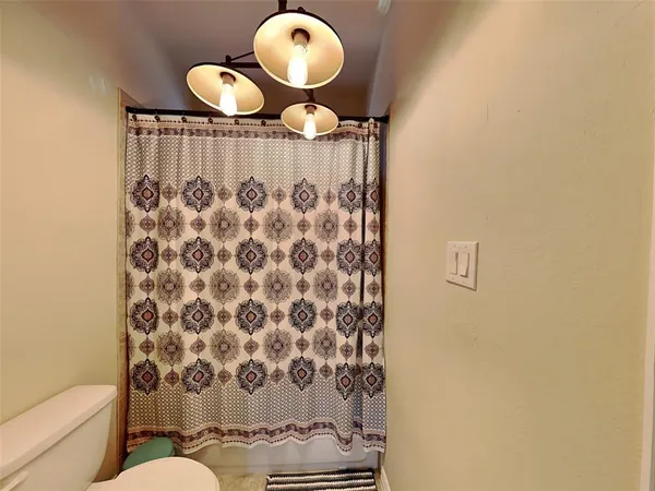 a bathroom with a sink toilet and shower curtain