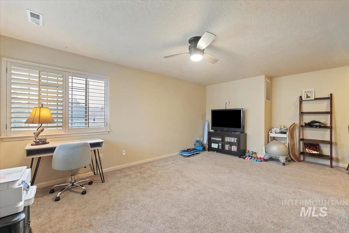 647 North Shadowfox Place Eagle, ID 83616 - Photo 26 of 35 Home office potential featuring newer carpet flooring, a textured ceiling, and a ceiling fan