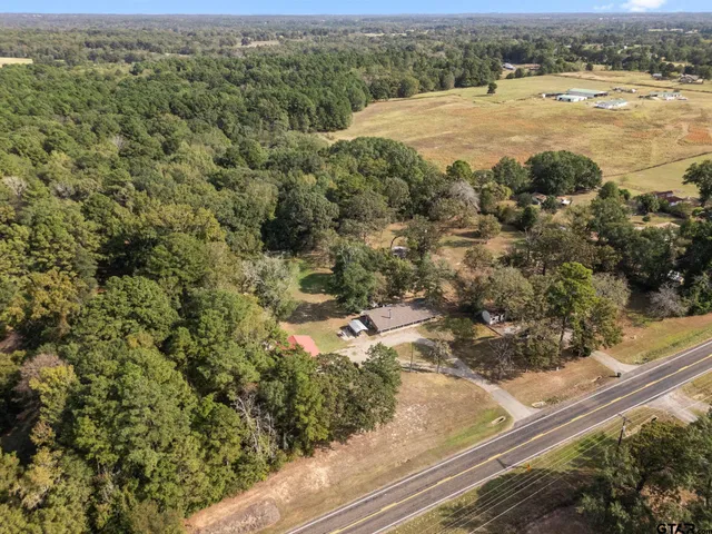 an aerial view of residential houses with outdoor space and trees